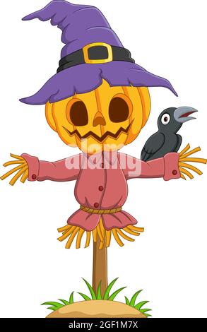 Cartoon halloween pumpkin scarecrow with crow Stock Vector