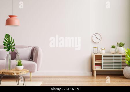 Interior wall mockup with sofa and cabinet in living room with empty white wall background.3D rendering Stock Photo