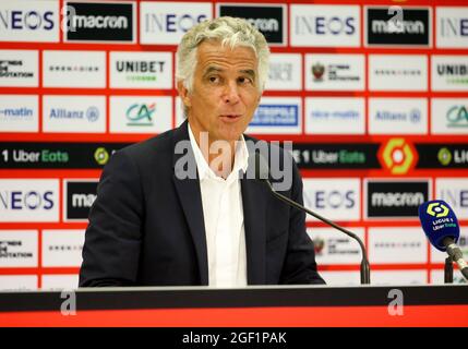 Nice, France. 22nd Aug, 2021. President of OGC Nice Jean-Pierre Rivere gives a press conference following the French championship Ligue 1 football match between OGC Nice (OGCN) and Olympique de Marseille (OM) on August 22, 2021 at Allianz Riviera stadium in Nice, France - Photo Jean Catuffe / DPPI Credit: DPPI Media/Alamy Live News Stock Photo
