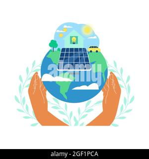 Human hands holding solar panel with dollar coin and light bulb connected to solar panel. Solar energy concept vector illustration Stock Vector