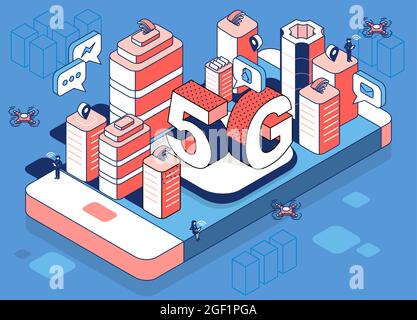 5G Smart city future abstract or metropolis.Intelligent building automation system business concept.isometric space with connected dots and lines.Vect Stock Vector