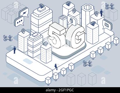5G Smart city future abstract or metropolis.Intelligent building automation system business concept.isometric space with connected dots and lines.Vect Stock Vector