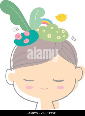 Smiling kid with closed eyes. Feel comfortable like flower and rainbow on the head. Bird and angle are singing. Vector illustration. Stock Vector