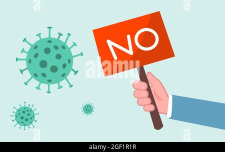 One hand holding NO sign rejects virus. Concept of illness prevention.Vector flat illustration. Stock Vector