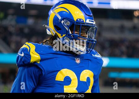 Jan 23, 2022; Tampa, FL USA; Los Angeles Rams linebacker Travin Howard (32)  during an NFL divisional playoff game at Raymond James Stadium. The Rams  beat the Buccaneers 30-27. (Steve Jacobson/Image of