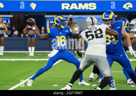 Inglewood, United States. 21st Aug, 2021. Las Vegas Raiders running back BJ  Emmons (35) is defended by Los Angeles Rams linebacker Ernest Jones (50)  during a NFL preseason game, Saturday, August 21