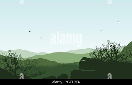 A cloudy morning with fantastic views of the mountains from the edge of town. Vector illustration Stock Vector
