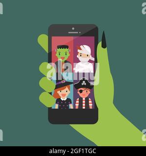Halloween Party Video conference from smartphone. Vector illustration Stock Vector