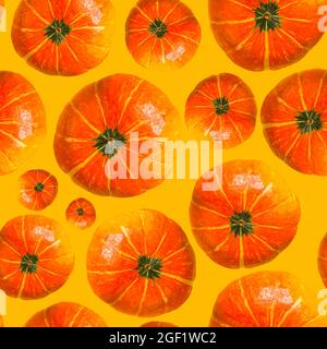 Pumpkin seamless pattern. Collage on a yellow background. Stock Photo