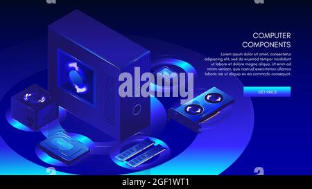 Computer components needed to build custom desktop PC, web banner template, vector isometric illustration. Stock Vector