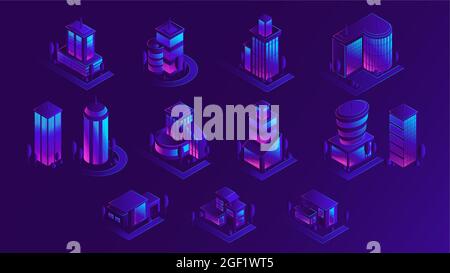 Isometric city building set, vector illustration. Urban modern architecture, purple neon lighting. Stock Vector