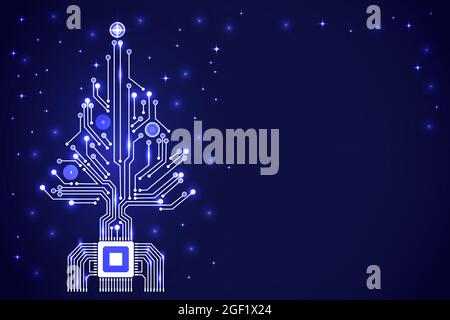Christmas tree from digital electronic circuit. Abstract blue lighting motherboard microchip. Vector illustration Stock Vector