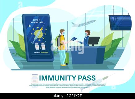Airport check in. Smartphone with vaccine passport. Traveler with immunity certificate. Immunity pass poster template. Stock Vector