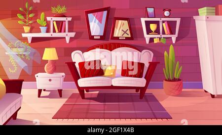 Living room interior with furniture, vector illustration. Apartment room with cozy couches, carpet, shelves, wardrobe. Stock Vector