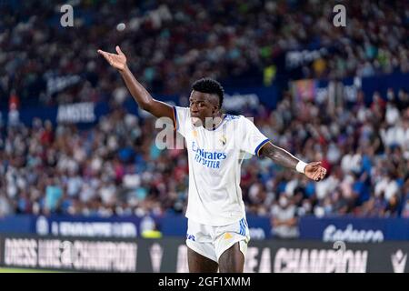 Valencia, Spain. 23rd Aug, 2021. FOOTBALL - LEVANTE UD VS REAL MADRID Vinicius Jose Paixao De Oliveira Junior of Real Madrid in action during the Spanish League, La Liga, football match between Levante and Real Madrid on August 22, 2021 at Ciutat de Valencia Stadium in Valencia, Spain. Photo: Xisco Navarro Credit: CORDON PRESS/Alamy Live News Stock Photo