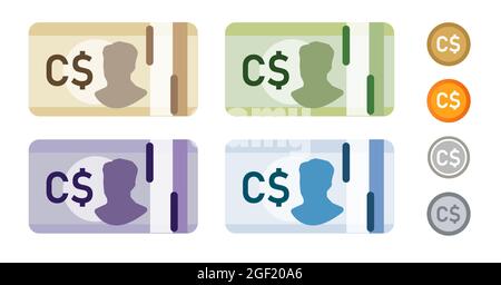 Canadian Dollar Canada bank notes currency icon set collection paper money and coin Stock Vector