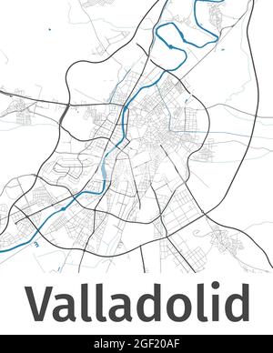 Valladolid map. Detailed map of Valladolid city administrative area. Cityscape panorama. Royalty free vector illustration. Outline map with highways, Stock Vector