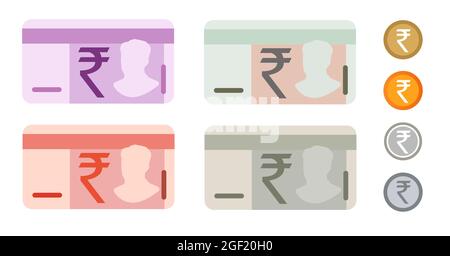 Rupee India Indian bank notes currency icon set collection paper money and coin Stock Vector