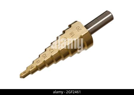 Step drill bit isolated on white background. Stock Photo