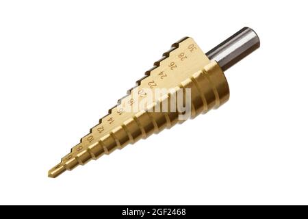 Step drill bit isolated on white background. Step drill bit for drilling holes in metal. Stock Photo
