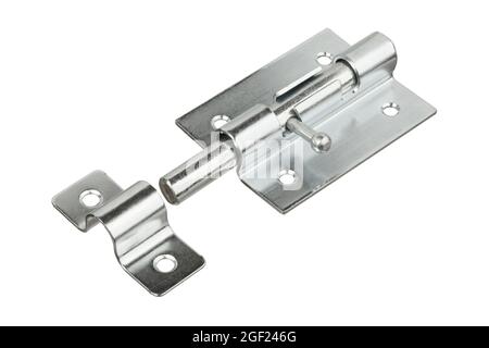 Stainless steel door latch isolated on white background. Bolt Latch. Door lock. Slide bolt. Stock Photo