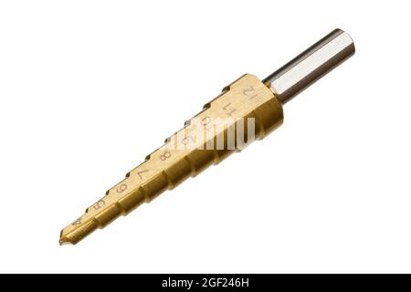 Step drill bit for metal isolated on white background. Stock Photo