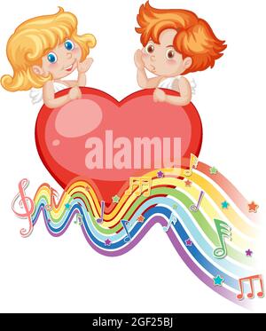 Cupid couple with melody symbols on rainbow wave illustration Stock ...