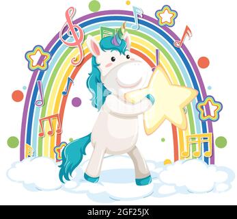 Unicorn standing on the cloud with melody symbols on rainbow wave ...