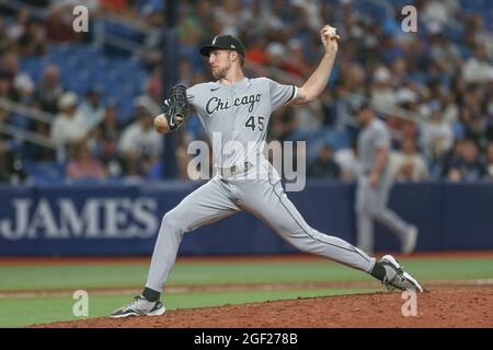 Chicago White Sox relief pitcher Garrett Crochet throws against