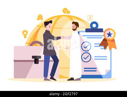 a diplomat with white gamis from middle east shake hand to partner with blue trousers when business agreements are got Stock Vector