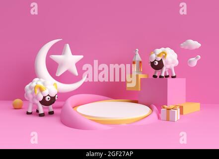 3D Render Eid Mubarak Scene of Minimal Podium Scene for Display Products Design Concept of Islamic Eid al adha Sale Event. Stock Photo