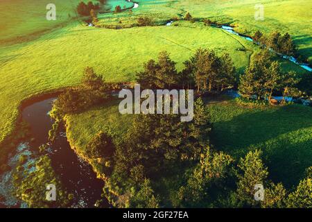 Aerial view of mountain creek winding through beautiful grassy landscape on Zlatibor, Serbia - drone photography Stock Photo