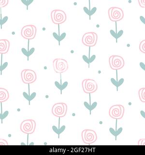 Pastel flower seamless pattern vector illustration. Background with spiral flowers and dots. Template for wallpaper, kids room, textiles and packaging Stock Vector