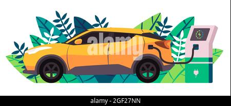 SUV hybrid car is charging using cable purposely for connection to the plug socket Stock Vector