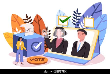woman give vote to choose her candidate by online vote this method suitable in pandemic situation in blue and white color background Stock Vector