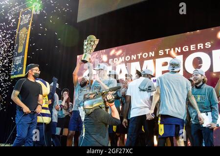 Edmonton, Canada. 22nd Aug, 2021. Edmonton Stingers celebrate their Championship Win after the Canadian Elite Basketball Season Final between the Edmonton Stingers and the Niagara River Lions at the Edmonton Expo Center. The Edmonton Stingers claim their second straight CEBL Championship. Credit: SOPA Images Limited/Alamy Live News Stock Photo