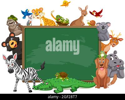 Empty blackboard with various wild animals in the forest illustration ...