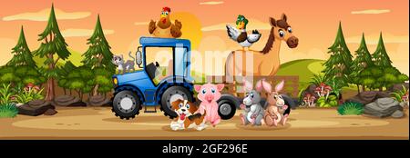 Panorama landscape scene with various farm animals in the forest ...