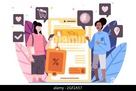 Two woman with pink dress and blue is using discount in mobile application to buy what are they need with discount shopping icons Stock Vector