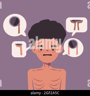 man suffers with malnutrition because poverty drought, his body is very thin until emaciated skinny because deficiency of nutrition Stock Vector