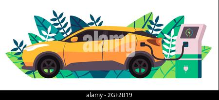 SUV hybrid car is charging using cable purposely for connection to the plug socket with yellow color and green leaves background modern color illustra Stock Vector