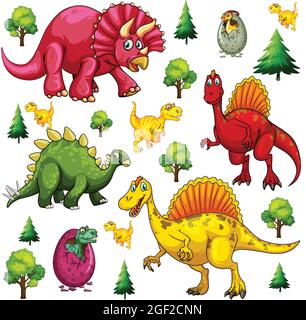 Set of isolated various dinosaurs cartoon character on white background ...