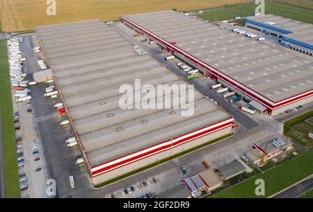 Aerial view of a large logistics center. Distribution and delivery of goods