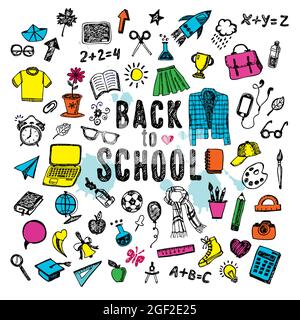Freehand drawing school items on a white background with ink blots. Back to School. Vector illustration. Set isolated objects. Stock Vector