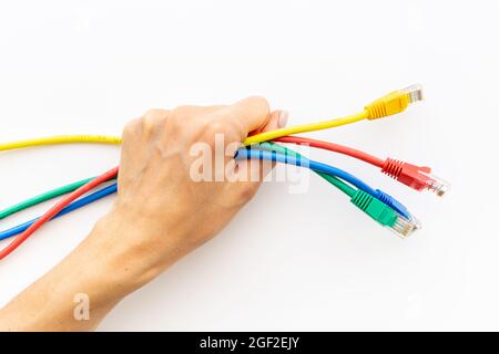Multicolored computer cables and internet wires Stock Photo