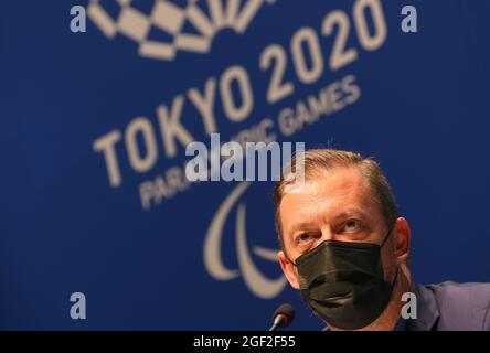 Tokio, Japan. 23rd Aug, 2021. Andrew Parsons, President of the International Paralympic Committee, sits at a press conference. Credit: Karl-Josef Hildenbrand/dpa/Alamy Live News Stock Photo