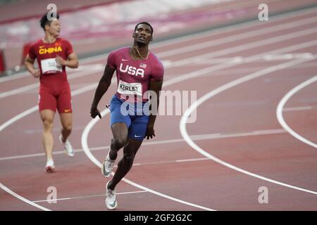 Fred Kerley running the 100 meters at the 2020 Tokyo Olympics. Stock Photo