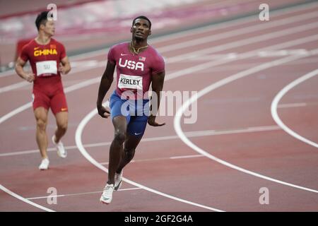 Fred Kerley running the 100 meters at the 2020 Tokyo Olympics. Stock Photo