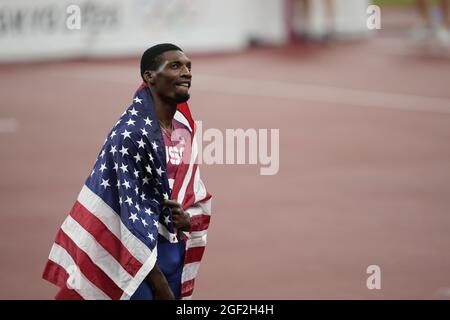 Fred Kerley running the 100 meters at the 2020 Tokyo Olympics. Stock Photo