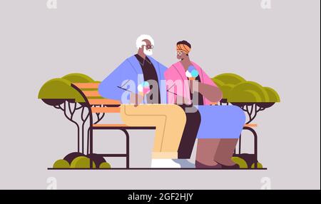 senior couple sitting on bench and eating ice cream happy african american grandparents spending time together in park Stock Vector